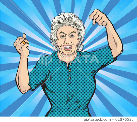 The old woman smiled happily and showed strength.Pop art vector illustration drawing,Comic book work style.Separate images of people from the background. 61876553