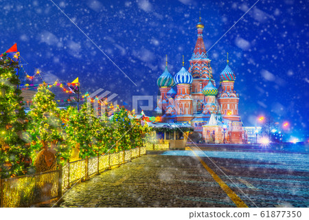 St. Basil's Cathedral with New Year's illumination at night 61877350