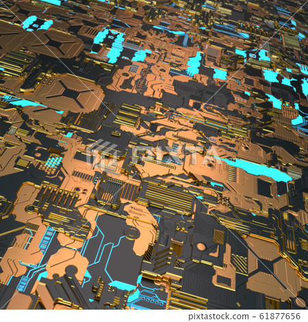 Circuit board futuristic server code processing. Angled view multicolor technology black background. 3d 61877656