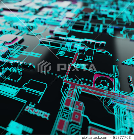 Circuit board futuristic server code processing. Neon color technology background. 3d rendering Circuit board futuristic server code processing. Neon color technology background. 3d rendering 61877708