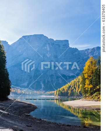 Autumn peaceful alpine lake Braies or Pragser 61878405