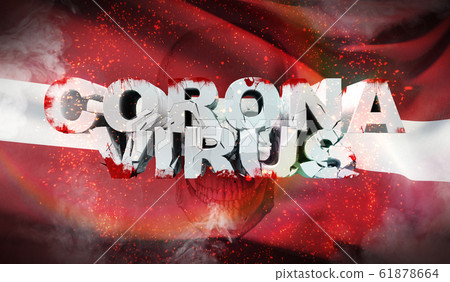 Coronavirus outbreak and coronaviruses influenza 2019-ncov on waved national flag of Latvia. Waved highly detailed close-up 3D render. 61878664