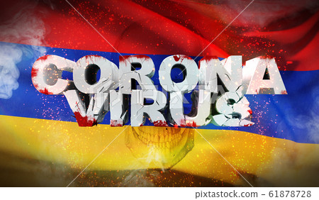Coronavirus outbreak and coronaviruses influenza 2019-ncov on waved national flag of Armenia. Waved highly detailed close-up 3D render. 61878728