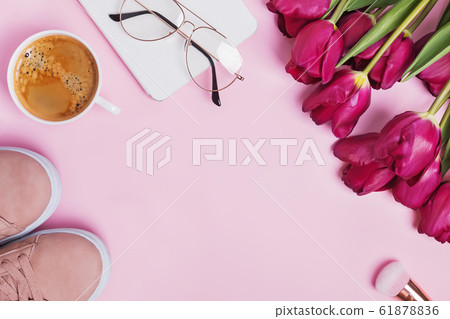 Stylish feminine accessories on the pastel background. Stylish feminine accessories on the pastel background. 61878836