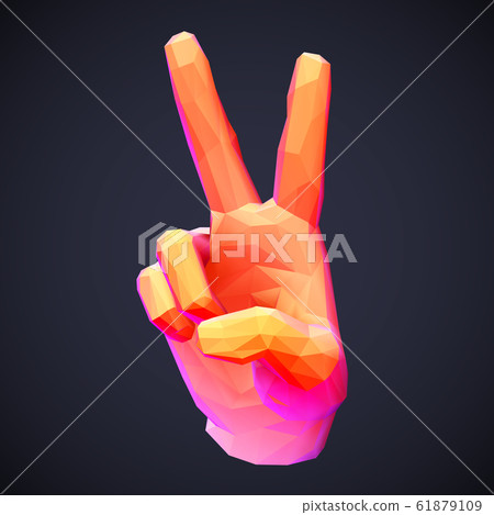 3D low poly human hand showing victory, freedom or peace gesture. 3D low poly human hand showing victory, freedom or peace gesture. 61879109