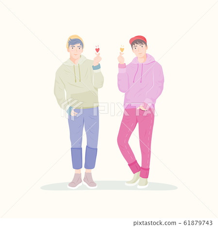 Happy  Asian men doing finger heart, sign of love. Korean cute cartoon character. K-pop street fashion. 61879743