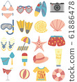 The set of a beach accessory in a playful theme. Vector-format, can use in any advertisement or brochure. 61886478