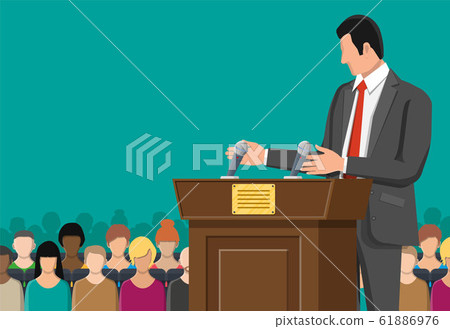 Brown wooden rostrum with microphones 61886976