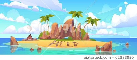 Lost island in ocean with alone castaway person 61888050