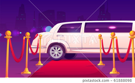 Limousine at empty red carpet with rope barrier. 61888098