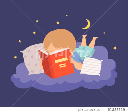Cute Boy Lying on a Cloud at Night and Reading... - Stock Illustration ...