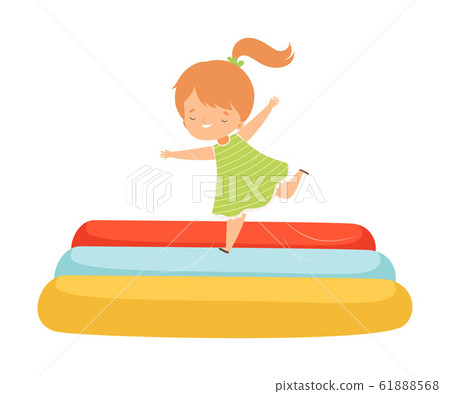 Cute Girl Bouncing on an Inflatable Trampoline, Happy Kid Trampolining and Having Fun, Active Children Leisure Vector Illustration 61888568