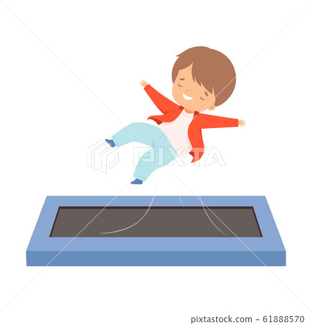 Cute Boy Bouncing on a Trampoline, Happy Smiling Kid Trampolining and Having Fun, Active Children Leisure Vector Illustration 61888570