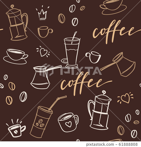 Decorative vector seamless pattern with illustration of cups, coffee beans and handwritten brush lettering.  61888808