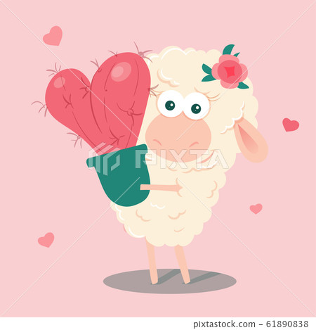 Cute cartoon sheep with a cactus heart. Vector illustration Cute cartoon sheep with a cactus heart. Vector illustration 61890838