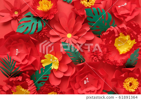 Hello, spring. With red paper flowers and green 61891364