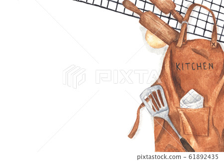 Baking or cooking background with kitchen utensils and brown apron. Watercolor illustration. Baking or cooking background with kitchen utensils and brown apron. Watercolor illustration. 61892435