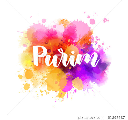 Purim - lettering on watercolor splash 61892687