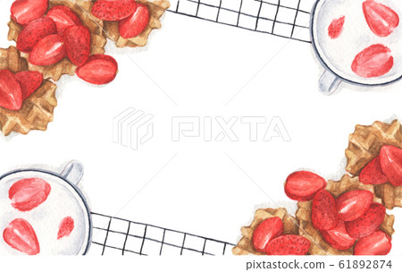 Strawberry desserts background with waffles and strawberry yogurt. Watercolor illustration. Strawberry desserts background with waffles and strawberry yogurt. Watercolor illustration. 61892874