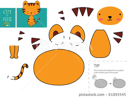 Cut and glue paper vector toy. Cute tiger character as a cardboard cutout model 61893545