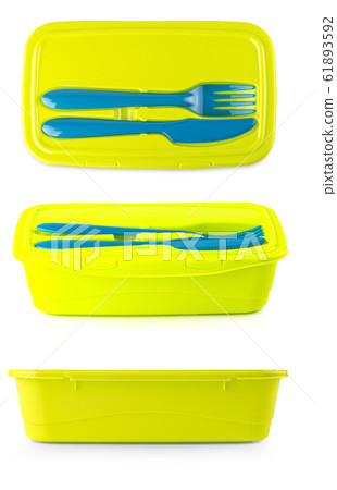 green Plastic food container with knife and fork 61893592