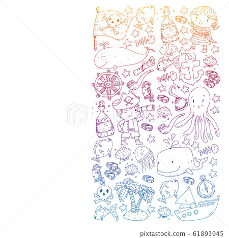 Pirate party. Illustrations for little children. Kids birthday celebration with treasure island, octopus, pirates Pirate party. Illustrations for little children. Kids birthday celebration with treasure island, octopus, pirates 61893945