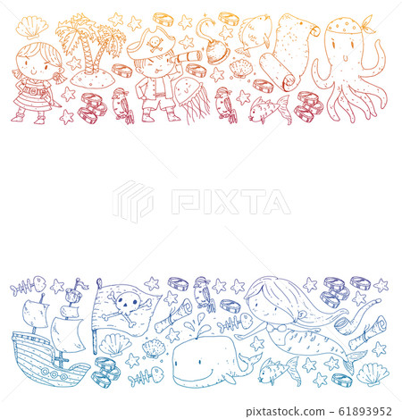 Pirate party. Illustrations for little children. Kids birthday celebration with treasure island, octopus, pirates 61893952