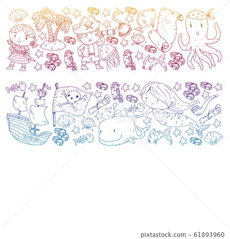 Pirate party. Illustrations for little children. Kids birthday celebration with treasure island, octopus, pirates Pirate party. Illustrations for little children. Kids birthday celebration with treasure island, octopus, pirates 61893960