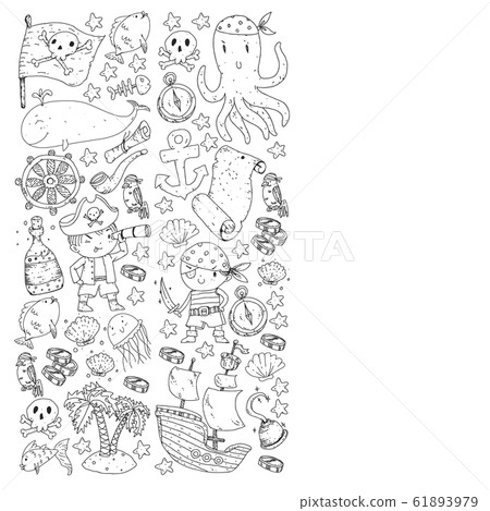 Pirate party. Illustrations for little children. Kids birthday celebration with treasure island, octopus, pirates Pirate party. Illustrations for little children. Kids birthday celebration with treasure island, octopus, pirates 61893979