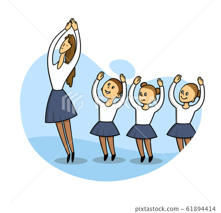 Kids in a dancing class with a teacher. Flat style vector illustration isolated on white background. 61894414