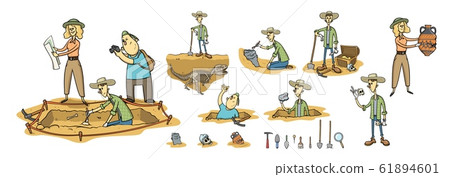 Archaeology, paleontology and treasure hunting, archaeologists on excavation site. Set of cartoon caracters and tools. Flat cartoon vector illustration. Isolated on white background. Archaeology, paleontology and treasure hunting, archaeologists on excavation site. Set of cartoon caracters and tools. Flat cartoon vector illustration. Isolated on white background. 61894601
