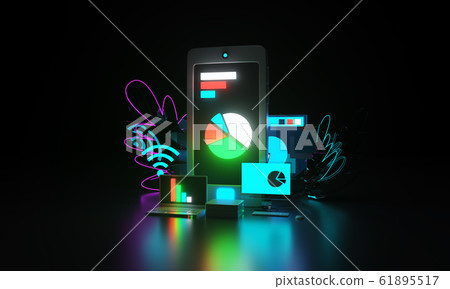 Business and finance, icons on a dark background. Web page, smartphone. Neon lighting. 3D rendering Business and finance, icons on a dark background. Web page, smartphone. Neon lighting. 3D rendering 61895517