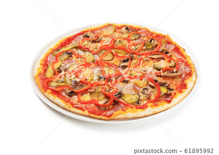 Pizza with ham, mushrooms, pepper and cucumber Pizza with ham, mushrooms, pepper and cucumber 61895992