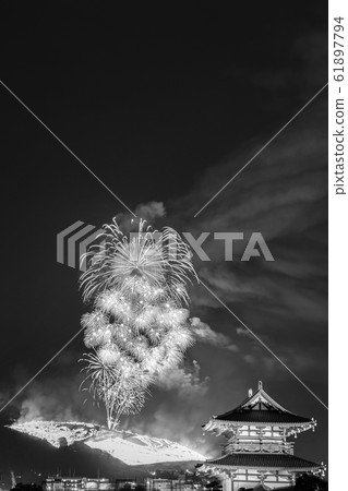 [Sepia] Wakakusa Yamayaki and fireworks viewed from Suzakumon 61897794