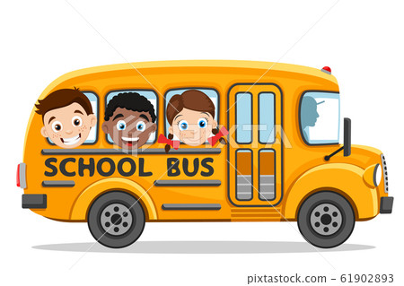 Children ride in a yellow school bus on a white Children ride in a yellow school bus on a white 61902893