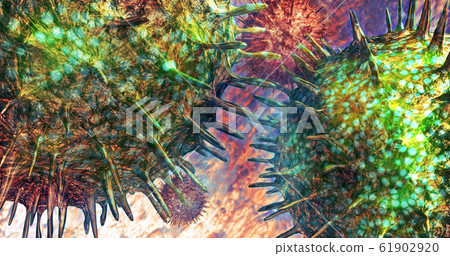 Close up virus on microscope view , 3D rendering. Close up virus on microscope view , 3D rendering. 61902920