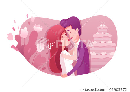 Bride and groom kissing flat illustration 61903772