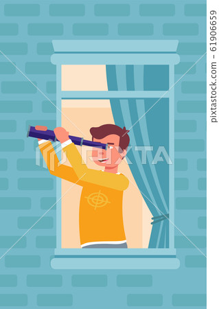 Man looking through telescope in window illustration isolated on blue background Man looking through telescope in window illustration isolated on blue background 61906659