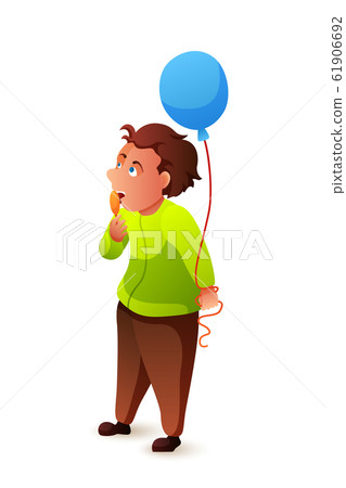 Cute little boy with balloon eat lollypop on white 61906692