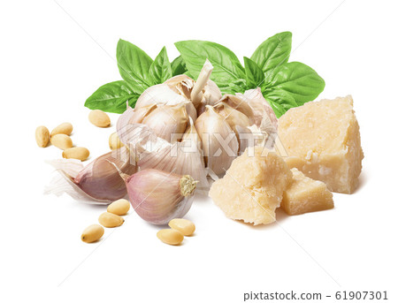Italian pesto ingredients, green basil, garlic 61907301