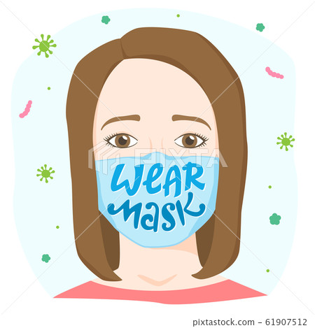 Wear mask lettering, worried woman wearing medical 61907512