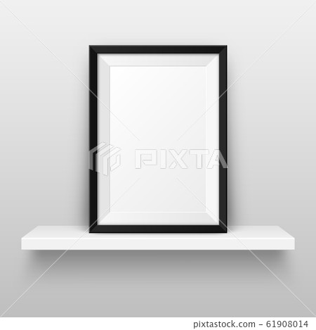 Realistic wall shelf with empty picture frame. Poster mockup for design. Vector Illustration. 61908014