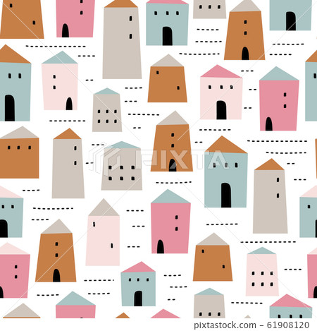 Seamless childish pattern with houses. Creative scandinavian children texture Seamless childish pattern with houses. Creative scandinavian children texture 61908120