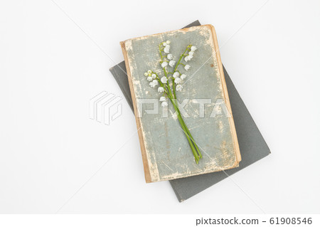 Bouquet of Lily of the valley flowers and retro books 61908546