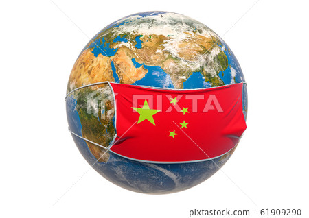 Earth Globe in a medical mask with flag of China. Earth Globe in a medical mask with flag of China. 61909290
