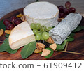 Assortment of tasty and delicious cheese selection  antipasto delicatessen. Reblochon, Brillat Savarin and Sainte Maure de Touraine on wooden board.  61909412