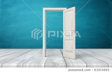 3d rendering of open white door standing on wooden floor near blue wall. 3d rendering of open white door standing on wooden floor near blue wall. 61914893