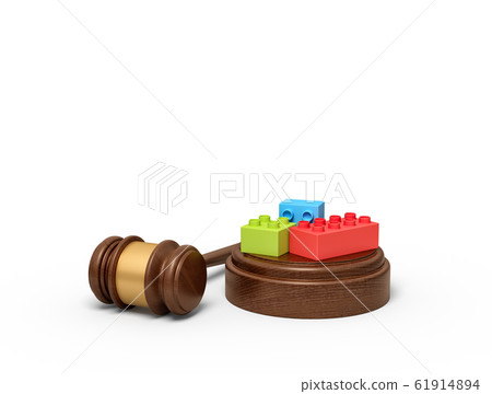 3d rendering of colorful lego pieces on round wooden block and brown wooden gavel 3d rendering of colorful lego pieces on round wooden block and brown wooden gavel 61914894