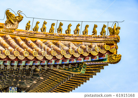 China, Beijing, Forbidden City Different design elements of the colorful buildings rooftops closeup details China, Beijing, Forbidden City Different design elements of the colorful buildings rooftops closeup details 61915168