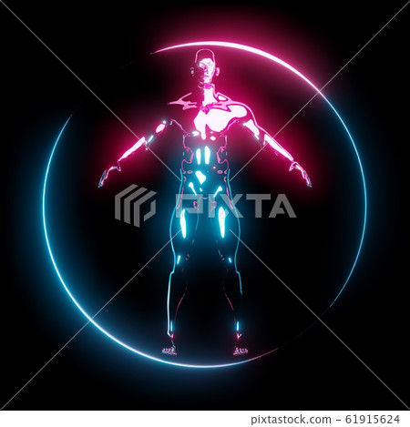 Neon light Vitruvian Man in circle frame Neon light Vitruvian Man in circle frame 61915624